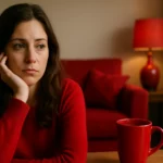 Žena v červenom svetri premýšľa s červeným hrnčekom a nábytkom v pozadí.