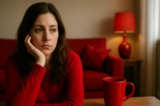 Žena v červenom svetri premýšľa s červeným hrnčekom a nábytkom v pozadí.
