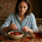 Žena pripravuje šípky na čajové nápoje a recepty doma.