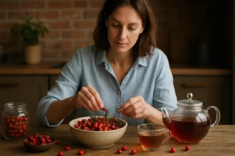 Žena pripravuje šípky na čajové nápoje a recepty doma.