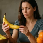 Žena skúma banán v kuchyni s rôznymi druhmi ovocia.