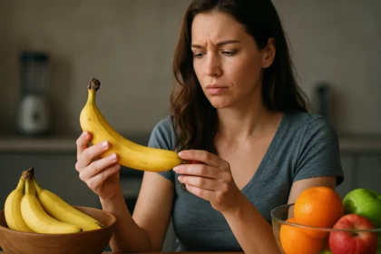 Žena skúma banán v kuchyni s rôznymi druhmi ovocia.