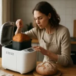 Žena používa domácu pekáreň na pečenie chleba v kuchyni.