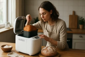 Žena používa domácu pekáreň na pečenie chleba v kuchyni.