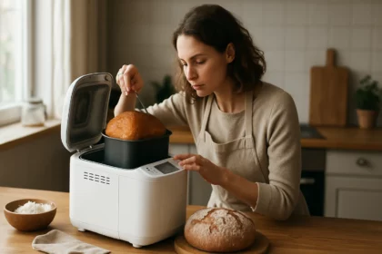 Žena používa domácu pekáreň na pečenie chleba v kuchyni.