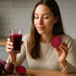 Žena drží pohár cviklového džúsu a plátok cvikly v ruke.