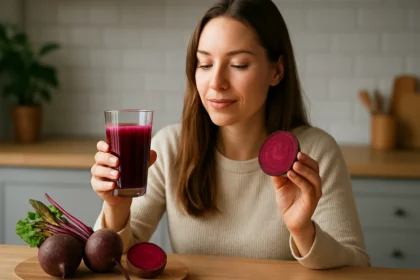 Žena drží pohár cviklového džúsu a plátok cvikly v ruke.