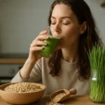 Žena pije zelený nápoj s jačmeňom, obklopená jačmeňom a klíčkami.