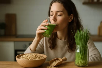 Žena pije zelený nápoj s jačmeňom, obklopená jačmeňom a klíčkami.