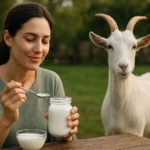 Žena ochutnáva kozie jogurt na vidieku s kozou v pozadí.