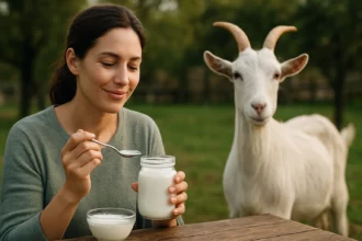 Žena ochutnáva kozie jogurt na vidieku s kozou v pozadí.