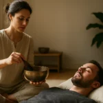 Žena praktizujúca sonoterapiu s tibetskými miskami na mužovi