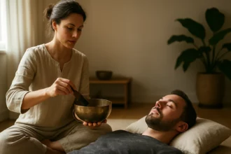 Žena praktizujúca sonoterapiu s tibetskými miskami na mužovi