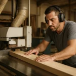 Pracovník s priečnou hobľovačkou v drevárskej dielni.