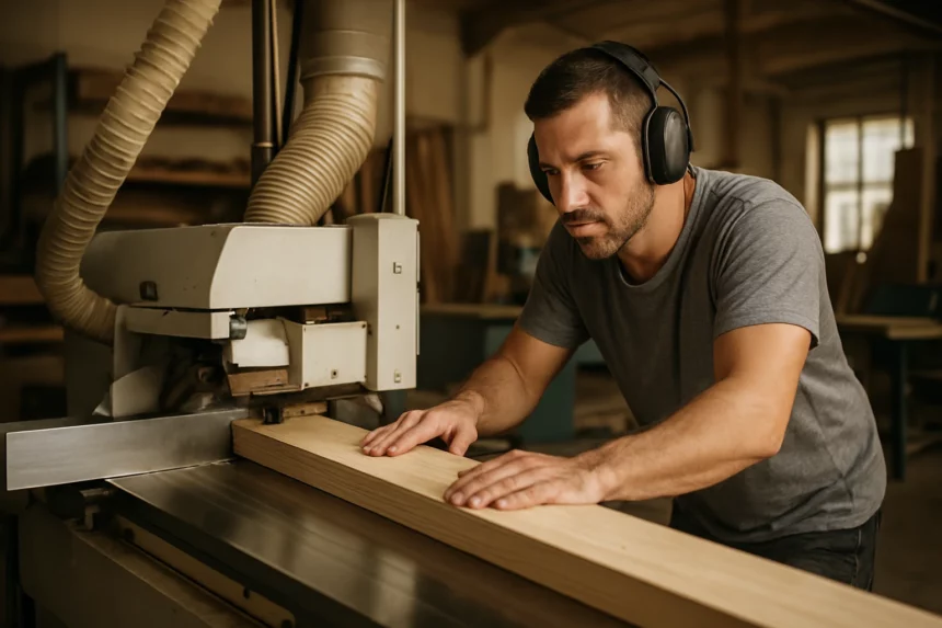 Pracovník s priečnou hobľovačkou v drevárskej dielni.
