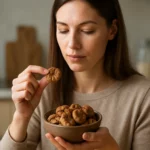 Žena s miskou sušených fíg, zdravá desiata bohatá na výživné látky.