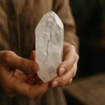 Prasknutý horský krištáľ v rukách s energetickými vlastnosťami.