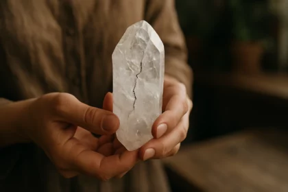 Prasknutý horský krištáľ v rukách s energetickými vlastnosťami.