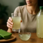 Žena s pohárom aloe vera nápoja a fľašou na drevenom stole.