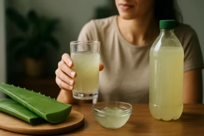 Žena s pohárom aloe vera nápoja a fľašou na drevenom stole.