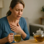 Žena s ťažkosťami pri refluxe pijúca grécky čaj.