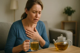 Žena s ťažkosťami pri refluxe pijúca grécky čaj.