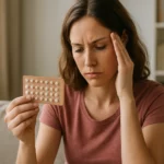 Žena trpiaca bolesťami hlavy pozoruje antikoncepčnú tabletku Lindynette