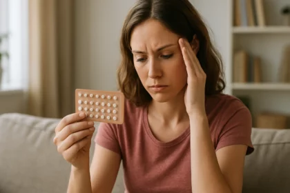 Žena trpiaca bolesťami hlavy pozoruje antikoncepčnú tabletku Lindynette