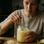 Žena pripravuje kyslú kapustu v sklenenej nádobe na kuchynskom stole.