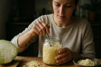 Žena pripravuje kyslú kapustu v sklenenej nádobe na kuchynskom stole.