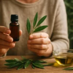 Osoba drží olej z olivových listov a čerstvé olivové listy.