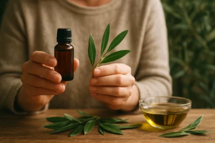 Osoba drží olej z olivových listov a čerstvé olivové listy.