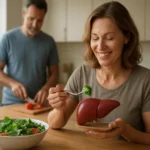 Žena jesť zeleninu s modelom pečene v ruke.