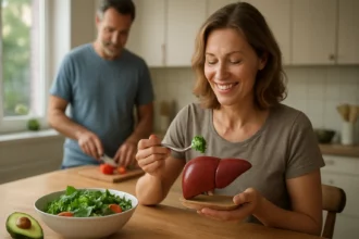 Žena jesť zeleninu s modelom pečene v ruke.