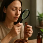 Žena skúma hviezdovku pomocou lupy s bylinami na stole