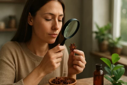 Žena skúma hviezdovku pomocou lupy s bylinami na stole