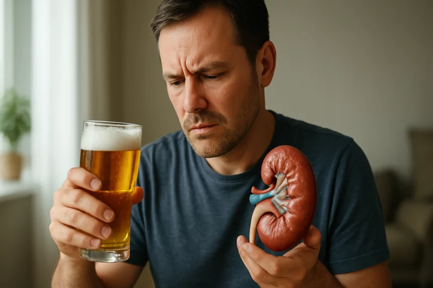 Muž zvažuje vplyv piva na zdravie obličiek.