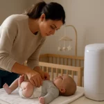 Matka mení plienku dieťaťu s Angelcare kôš na plienky v pozadí.