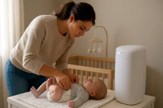 Matka mení plienku dieťaťu s Angelcare kôš na plienky v pozadí.