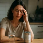 Žena za stolom so sklenenou vodou a plechovkou, vyzerá unavená a znepokojená.