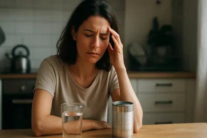 Žena za stolom so sklenenou vodou a plechovkou, vyzerá unavená a znepokojená.