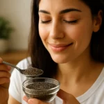 Žena s chia semienkami v sklenenej nádobe a lyžičkou