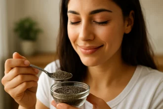 Žena s chia semienkami v sklenenej nádobe a lyžičkou