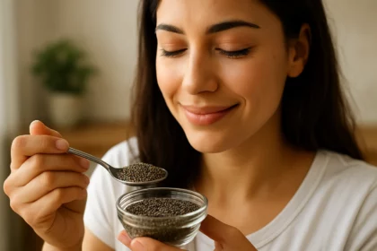 Žena s chia semienkami v sklenenej nádobe a lyžičkou