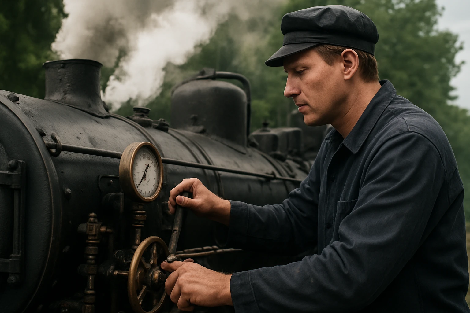 Muž ovládajúci parný rušeň s prúdmi pary pozadia
