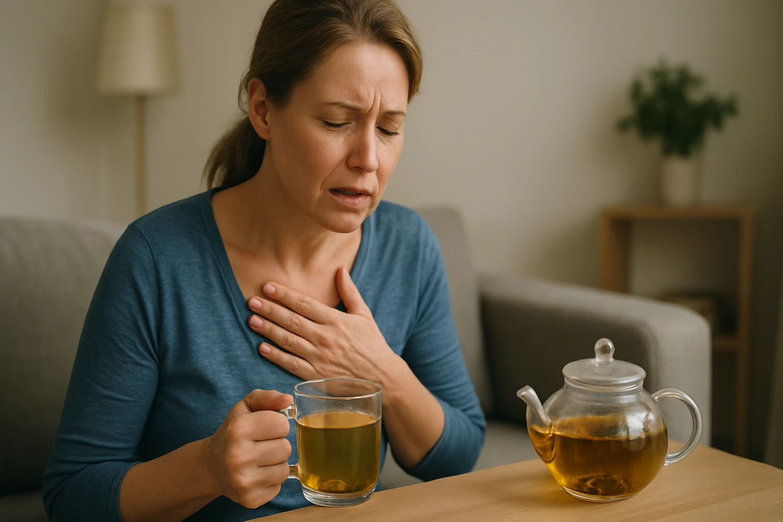 Žena s ťažkosťami pri refluxe pijúca grécky čaj.
