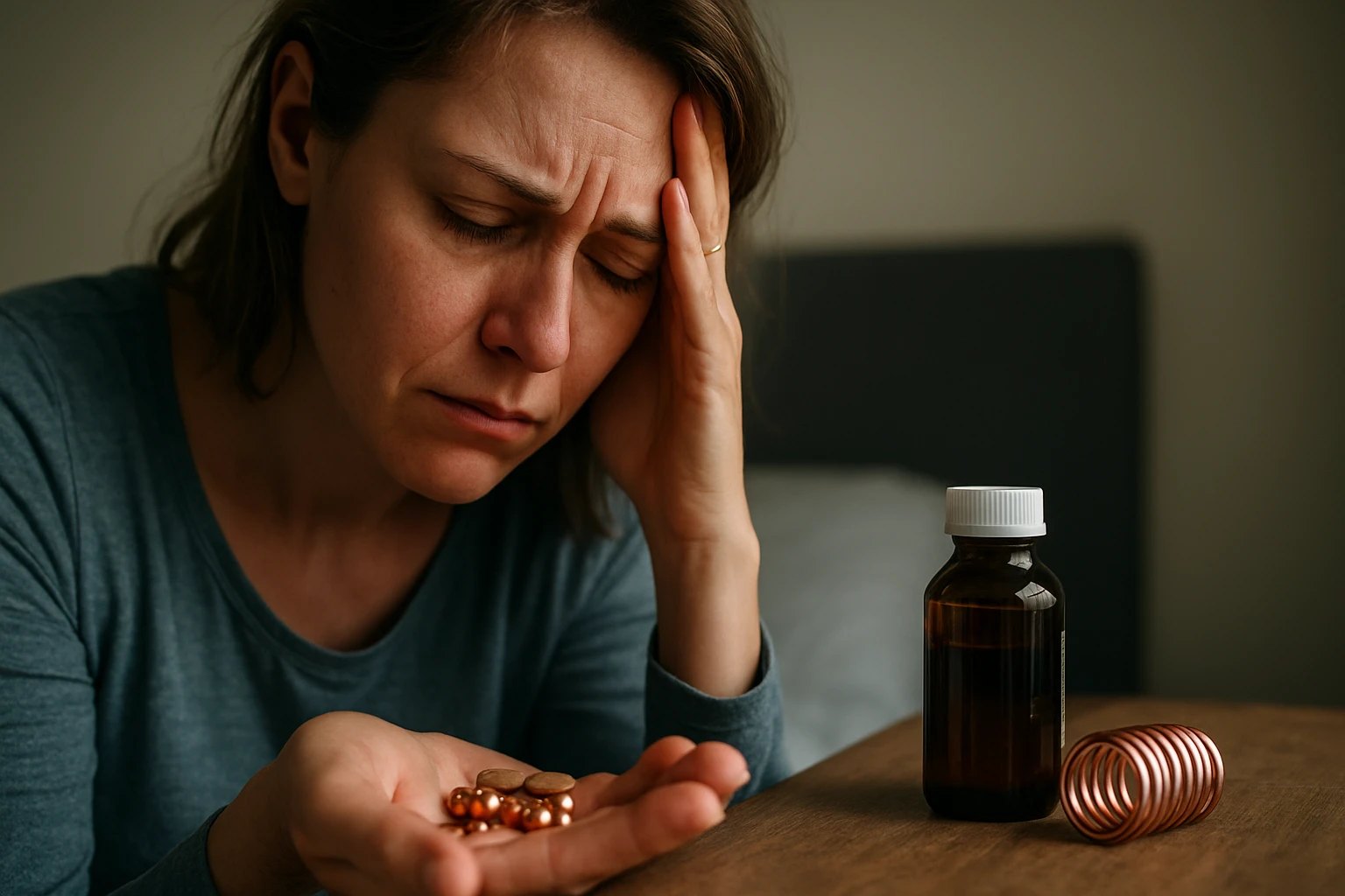 Žena s bolesťou hlavy držiaca kapsule vedľa liekovky