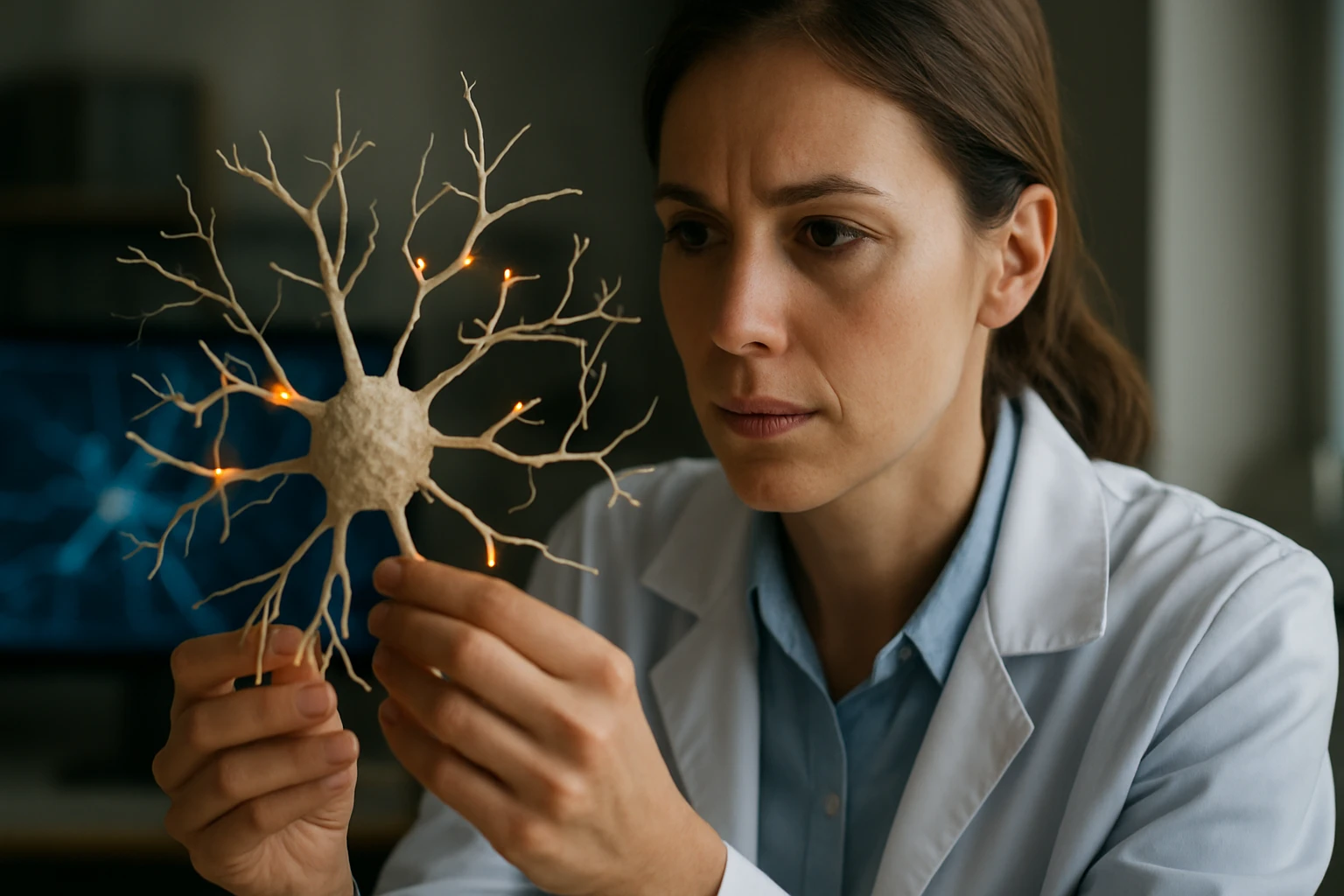 Vedkyňa skúma model neurónu s elektrickými impulzmi.