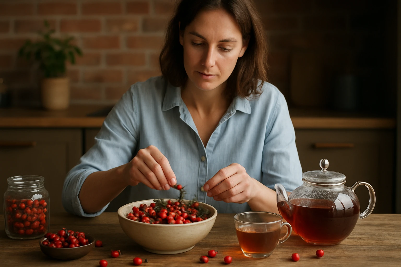 Žena pripravuje šípky na čajové nápoje a recepty doma.