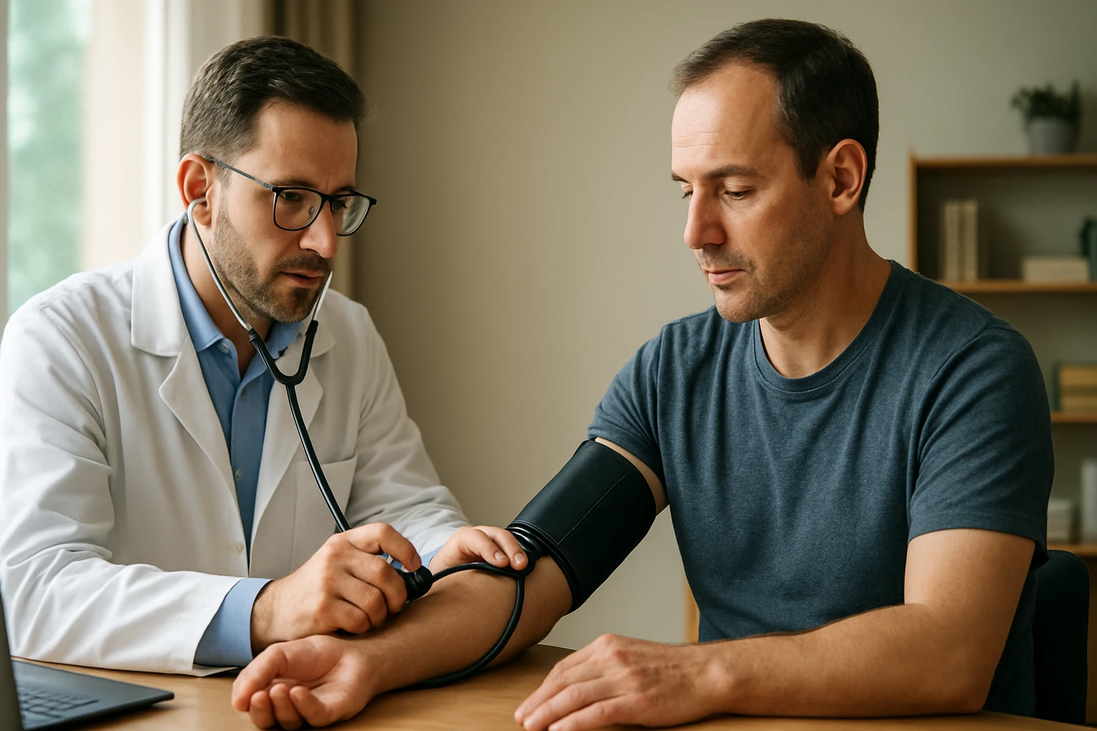 Lekár meria krvný tlak pacienta pomocou tlakomera.